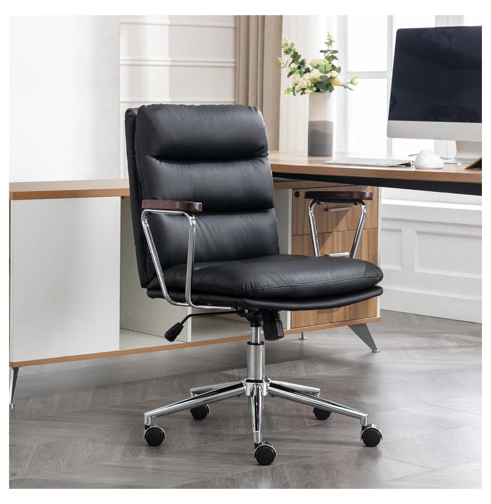 Keeomi Leather Office Chair, Modern Desk Chair with Removable Wooden ...