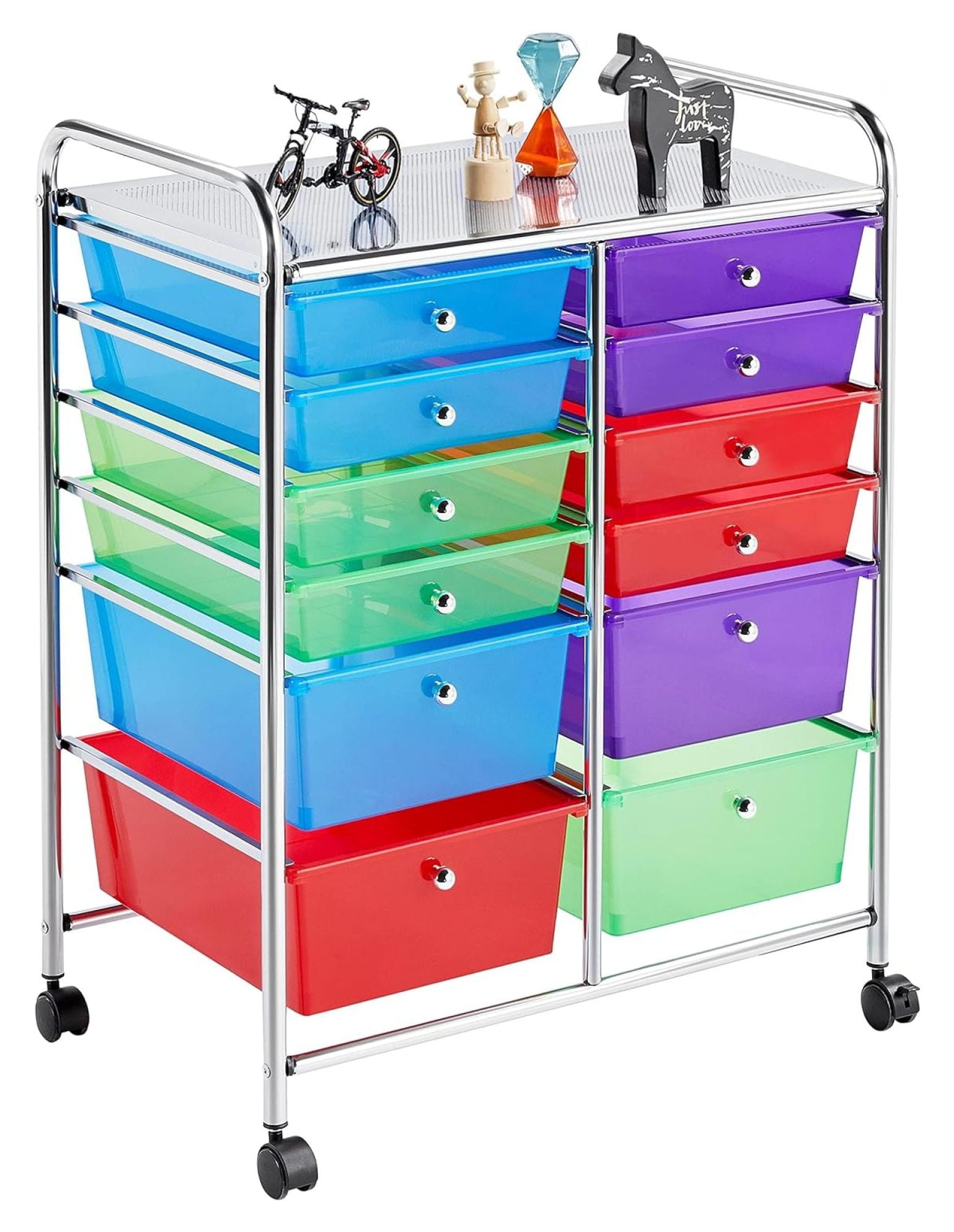 Multicolor 12-Drawer Rolling Storage Cart with Chrome Frame