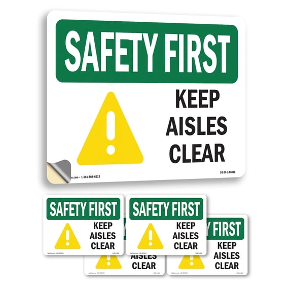 Keep Aisles Clear OSHA SAFETY FIRST Vinyl Decal Label 18 Inch x 12 Inch - 5 Pack