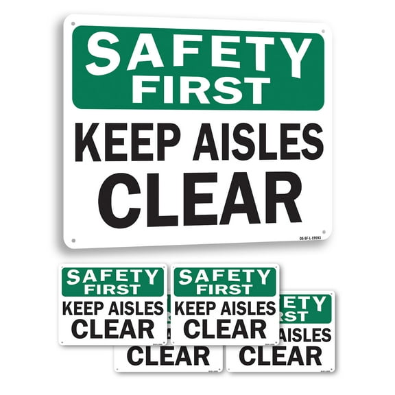 Keep Aisles Clear OSHA Safety First Rigid Plastic Sign 10 Inch x 7 Inch - 5 Pack