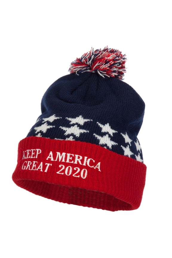 Keep America Great 2020 Letters Embroidered USA Flag Cuffed Pom Long Beanie - Red Blue OSFM