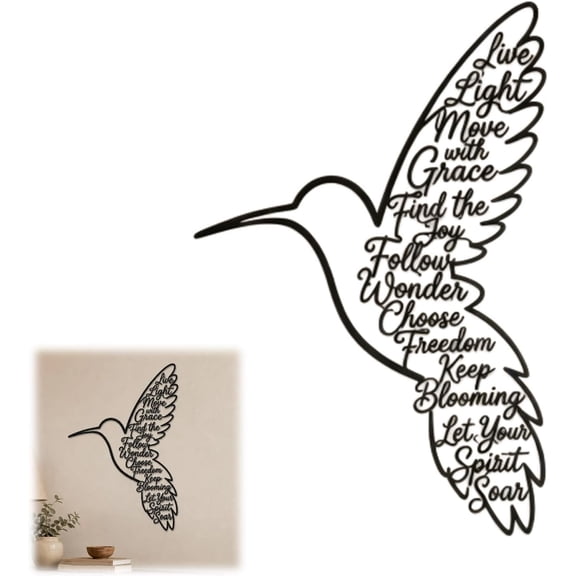 Keep Blooming Hummingbird Wall Art, Mini Inspirational Metal Bird Decor, Boho Minimalist Iron Silhouette, Small Gallery Nook and Bedroom Accent Plaque, Black, 20cm 7.87 Inch, 1pc