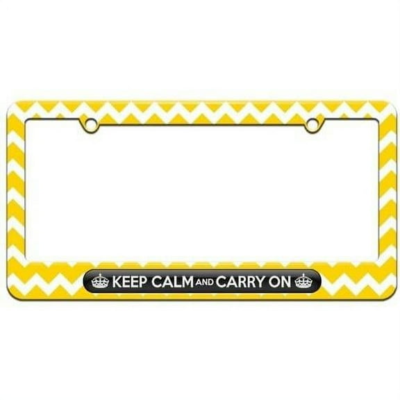 Keep Calm And Carry On Black License Plate Tag Frame, Yellow Chevrons Design