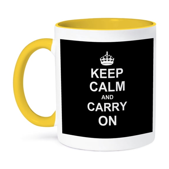 3dRose, Keep Calm and Carry On - white text on black - with crown - motivational fun funny humor humorous, 15oz Two-Tone Yellow Mug