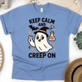 thumbnail image 1 of Keep Calm And Creep On Graphic Tee Funny Ghost Witch Hat Shirt, CarolinaBlue, Size S, 1 of 6