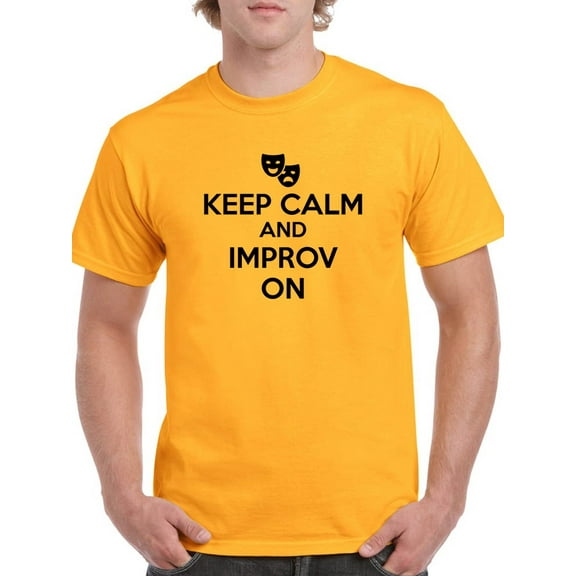 "Keep Calm And Improv On" Comedy And Tragedy Masks Graphic Men Gold T-Shirt, Male Medium