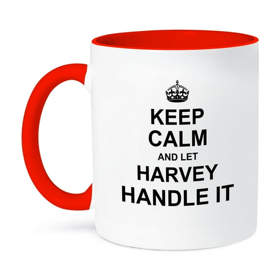 3dRose, Keep Calm and Let Harvey Handle it - funny personal name, 15oz Two-Tone Red Mug
