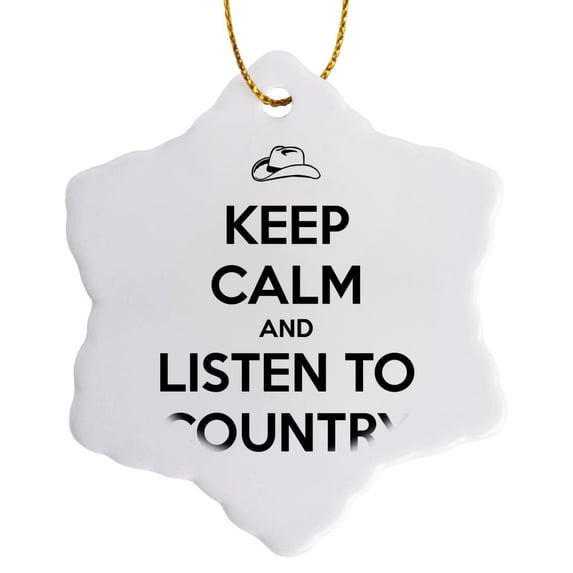 3drose, Keep Calm and Listen to Country, White and Black, 3 inch Snowflake Porcelain Ornament