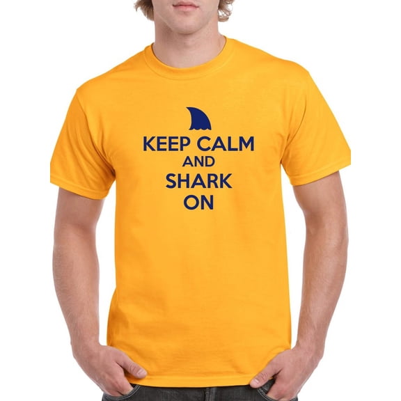 "Keep Calm And Shark On" Shark Fin Center Chest Graphic Men Gold T-Shirt, Male x-Large