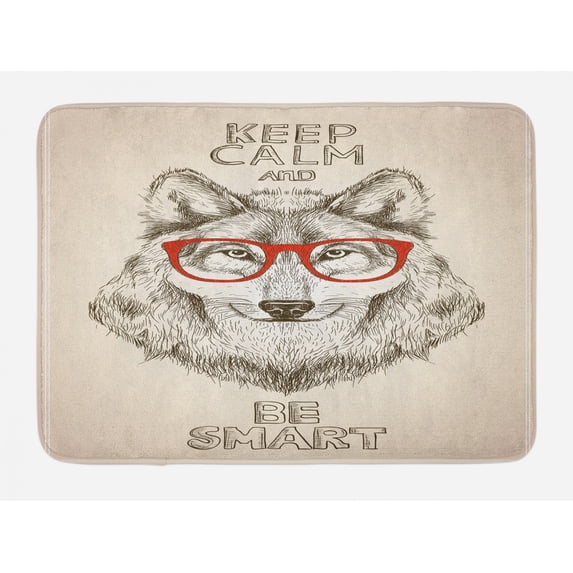 Keep Calm Bath Mat, Humorous Sketch of Wolf with Glasses and Be Smart Typography, Plush Bathroom Decor Mat with Non Slip Backing, 29.5" X 17.5", Pale Mustard Taupe, by Ambesonne