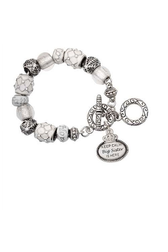 Keep Calm Big Sister is Here White Snowflake Bead Charm Bracelet