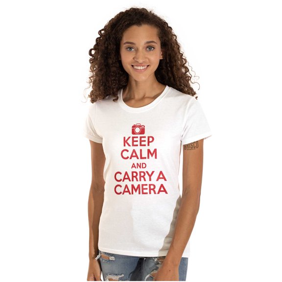 Keep Calm Carry A Camera Photographer Womens Slim Fit Graphic Tee Brisco Brands M