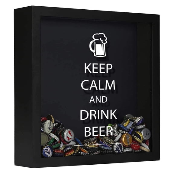 Torched Keep Calm Beer Cap Shadow Box Hanging Decor 13"x3.5"x13" Black