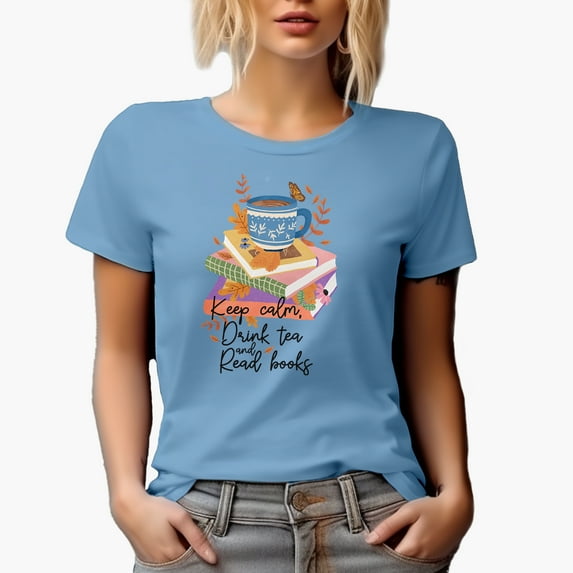 Keep Calm, Drink Tea and Read Books with Cute Hand Drawn Teacup & Book Art Merch Gift, Baby Blue T-Shirt, 3XL