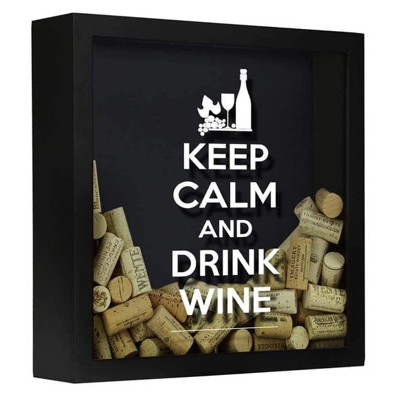 TORCHED Keep Calm Wine Corks Shadow Box 14"x14"x5" | Wall Mount Decor | Black