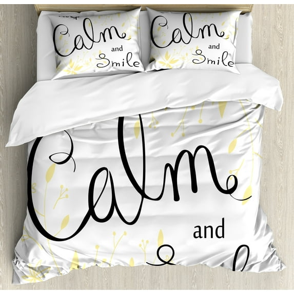 Keep Calm Duvet Cover Set, Positive Cursive Smile Words with Pastel Tone Floral Ornaments, Decorative 3 Piece Bedding Set with 2 Pillow Shams, Queen Size, Charcoal Grey Cream, by Ambesonne