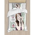 thumbnail image 1 of Keep Calm Duvet Cover Set Twin Size, Eat Cake Lettering with Retro Style Closed Eyes Pretty Woman and Sweet Desert, 2 Piece Bedding Set with 1 Pillow Sham, Multicolor, by Ambesonne, 1 of 3