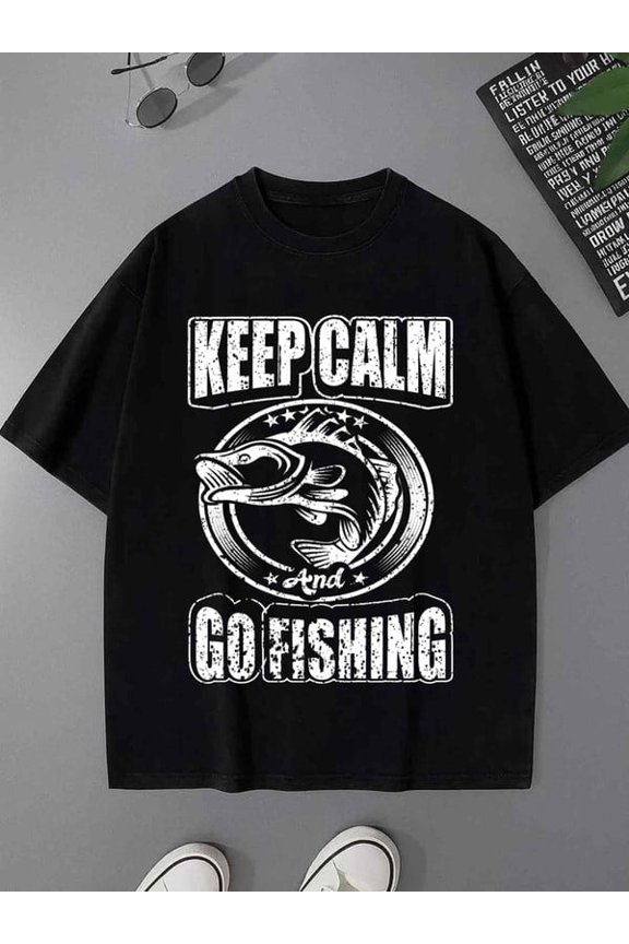 Greenink Keep Calm Fishing Tee fishing cotton tshirts print men 180G Cotton black For summer Casual Daily Wear Everyday and weekend wear Fashionable, printed, machine w