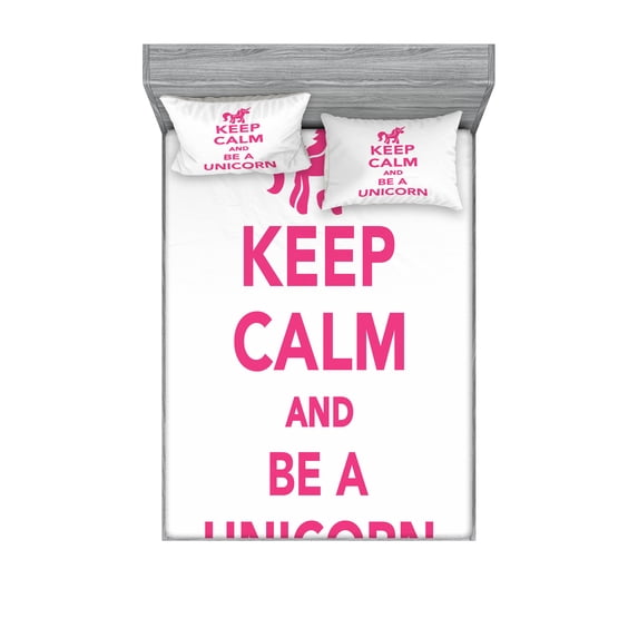 Keep Calm Fitted Sheet & Pillow Sham Set, Keep Calm and Be a Unicorn Text with Mythological Pony Animal, Decorative Printed 6 Piece Bedding Decor Set, Full, Pink White, by Ambesonne