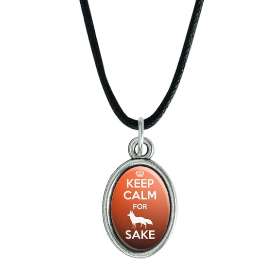 Keep Calm For Fox Sake Funny Antiqued Oval Charm Pendant with Black Satin Cord