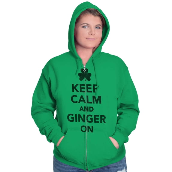 Keep Calm Ginger On St Pattys Humor Zip Up Hoodie Men's Women's Brisco Brands L