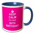 thumbnail image 1 of 3drose, Keep Calm Its Your 90th Birthday Hot Pink - Stay Calm and Carry on About Turning 90 Humorous Humor, 11oz Two-tone Blue Mug, 1 of 6