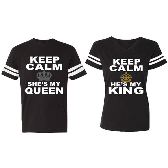 Keep Calm King Queen Matching Couple Cotton Jerseys (Men Black / Women Black) (Men S / Women S)