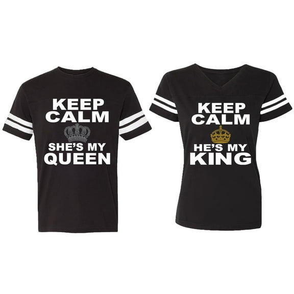 Keep Calm King Queen Matching Couple Cotton Jerseys (Men Black / Women Black) (Men S / Women S)