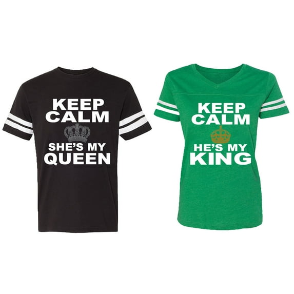 Keep Calm King Queen Matching Couple Cotton Jerseys (Men Black / Women Green) (Men L / Women L)