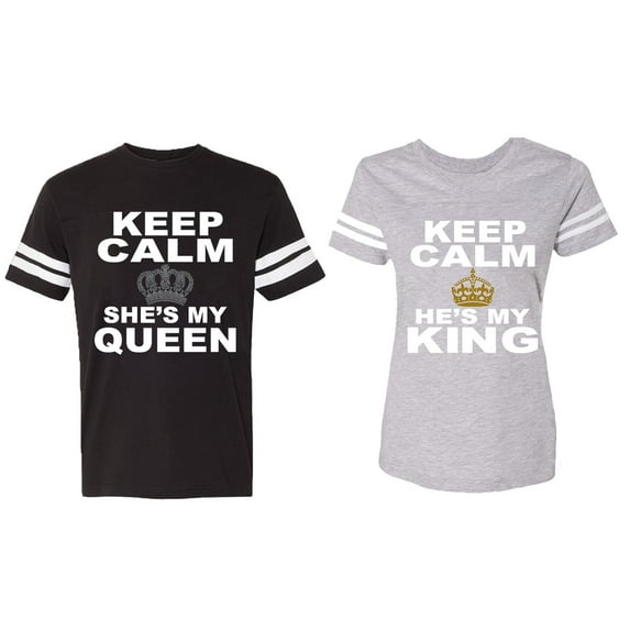Keep Calm King Queen Matching Couple Cotton Jerseys (Men Black / Women Heather) (Men XL / Women XL)