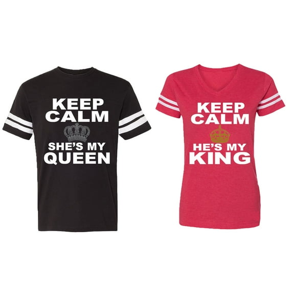 Keep Calm King Queen Matching Couple Cotton Jerseys (Men Black / Women Red) (Men S / Women L)