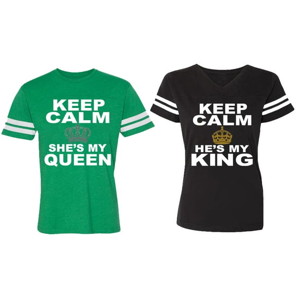 Keep Calm King Queen Matching Couple Cotton Jerseys (Men Green / Women Black) (Men S / Women S)