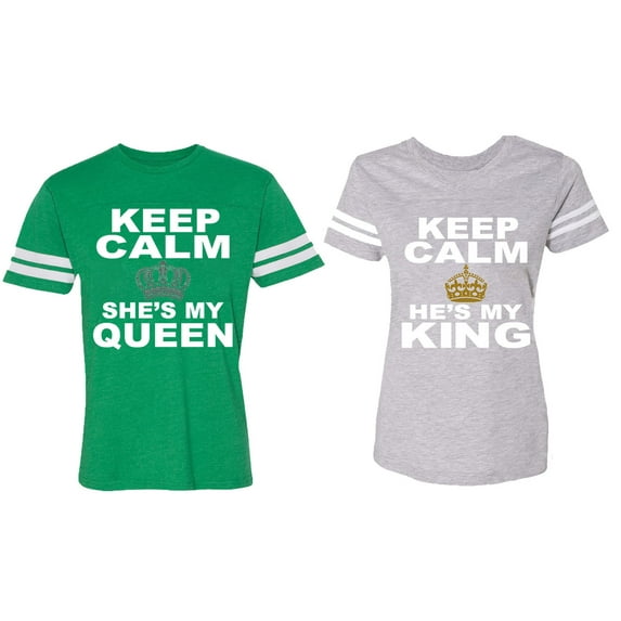 Keep Calm King Queen Matching Couple Cotton Jerseys (Men Green / Women Heather) (Men XL / Women M)