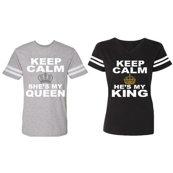 Keep Calm King Queen Matching Couple Cotton Jerseys (Men Heather / Women Black) (Men XXL / Women XXL)