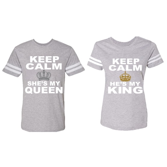 Keep Calm King Queen Matching Couple Cotton Jerseys (Men Heather / Women Heather) (Men M / Women S)
