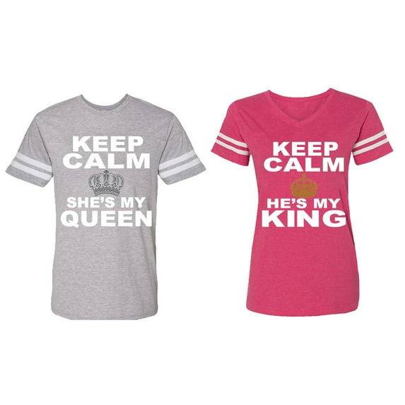 Keep Calm King Queen Matching Couple Cotton Jerseys (Men Heather / Women Pink) (Men XXL / Women XL)