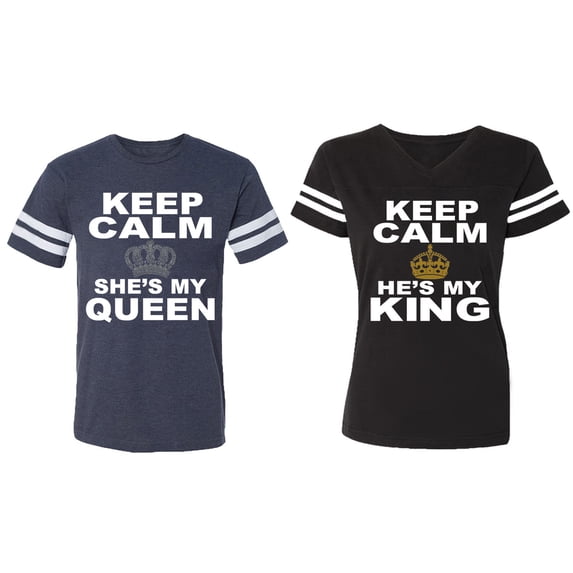 Keep Calm King Queen Matching Couple Cotton Jerseys (Men Navy / Women Black) (Men S / Women S)