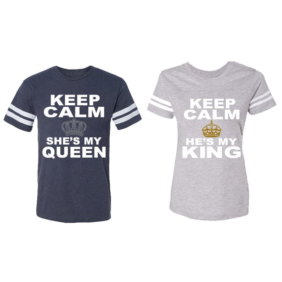 Keep Calm King Queen Matching Couple Cotton Jerseys (Men Navy / Women Heather) (Men XXL / Women XL)