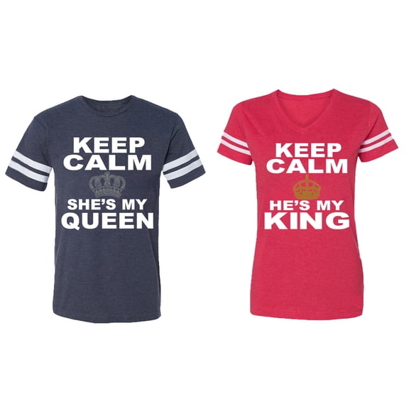 Keep Calm King Queen Matching Couple Cotton Jerseys (Men Navy / Women Red) (Men S / Women XL)