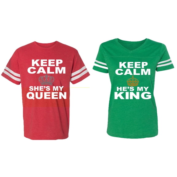 Keep Calm King Queen Matching Couple Cotton Jerseys (Men Red / Women Green) (Men L / Women XL)