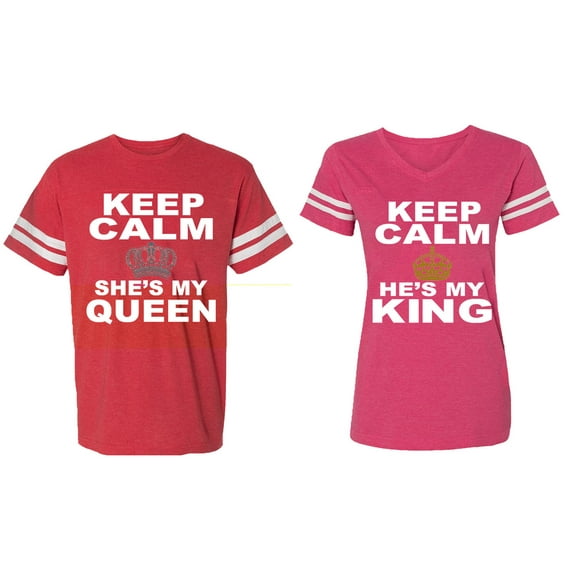 Keep Calm King Queen Matching Couple Cotton Jerseys (Men Red / Women Pink) (Men S / Women L)