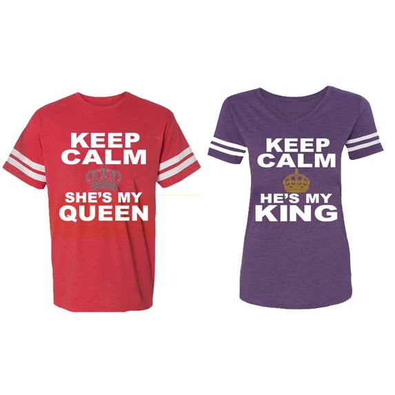 Keep Calm King Queen Matching Couple Cotton Jerseys (Men Red / Women Purple) (Men XXL / Women S)