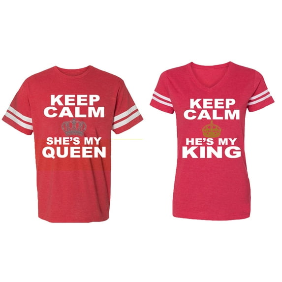Keep Calm King Queen Matching Couple Cotton Jerseys (Men Red / Women Red) (Men M / Women XL)