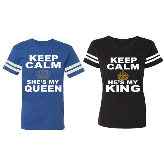 Keep Calm King Queen Matching Couple Cotton Jerseys (Men Royal / Women Black) (Men S / Women S)