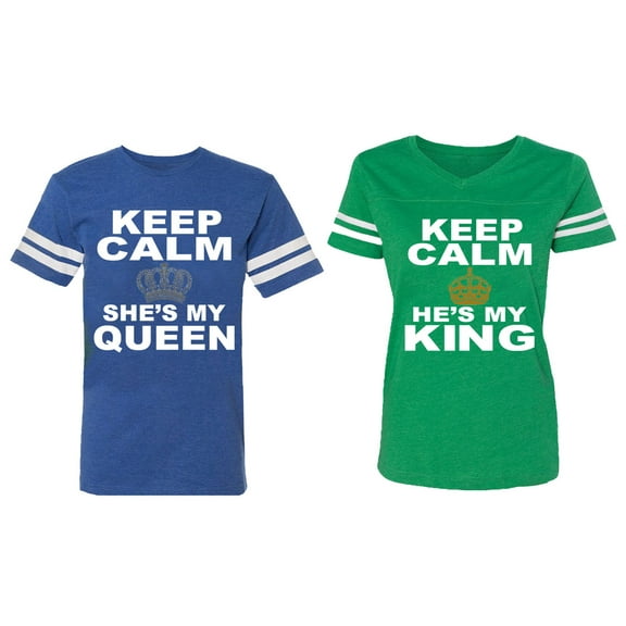 Keep Calm King Queen Matching Couple Cotton Jerseys (Men Royal / Women Green) (Men S / Women XL)