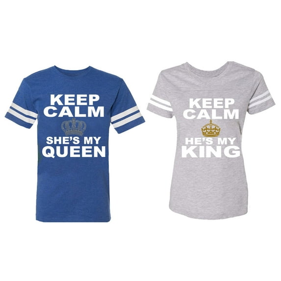 Keep Calm King Queen Matching Couple Cotton Jerseys (Men Royal / Women Heather) (Men S / Women M)