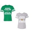 thumbnail image 1 of Keep Calm King Queen Unisex Couple Matching Cotton Jersey style T-Shirt Contrasting stripes on sleeves (Men Green / Women Heather) (Men L / Women XL), 1 of 3
