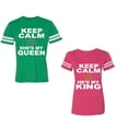 thumbnail image 1 of Keep Calm King Queen Unisex Couple Matching Cotton Jersey style T-Shirt Contrasting stripes on sleeves (Men Green / Women Pink) (Men M / Women L), 1 of 3