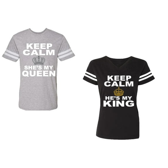 Keep Calm King Queen Unisex Couple Matching Cotton Jersey style T-Shirt Contrasting stripes on sleeves (Men Heather / Women Black) (Men S / Women S)