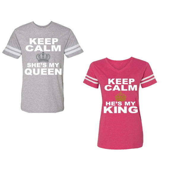 Keep Calm King Queen Unisex Couple Matching Cotton Jersey style T-Shirt Contrasting stripes on sleeves (Men Heather / Women Pink) (Men M / Women XL)
